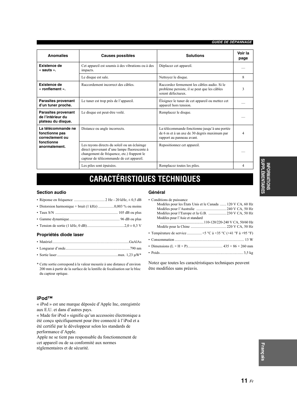 Caractéristiques techniques | Yamaha CD-S300 User Manual | Page 27 / 108