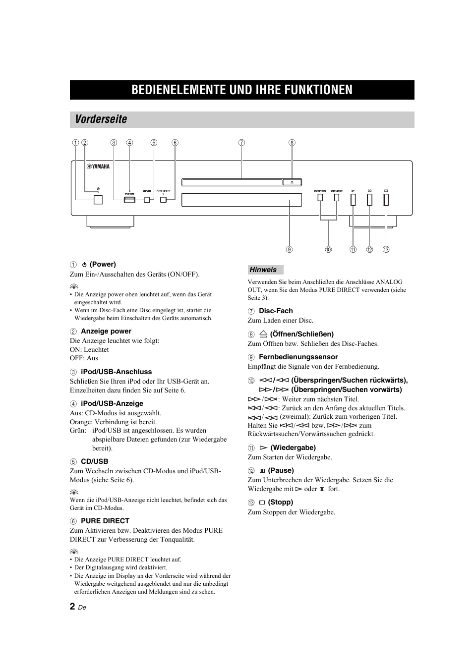 Einführung, Bedienelemente und ihre funktionen, Vorderseite | Bedienelemente und ihre, Funktionen | Yamaha CD-S300 User Manual | Page 30 / 108