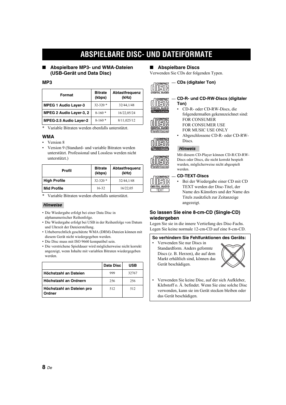 Weitere informationen, Abspielbare disc- und dateiformate, Abspielbare disc- und | Dateiformate, Seite 8 | Yamaha CD-S300 User Manual | Page 36 / 108