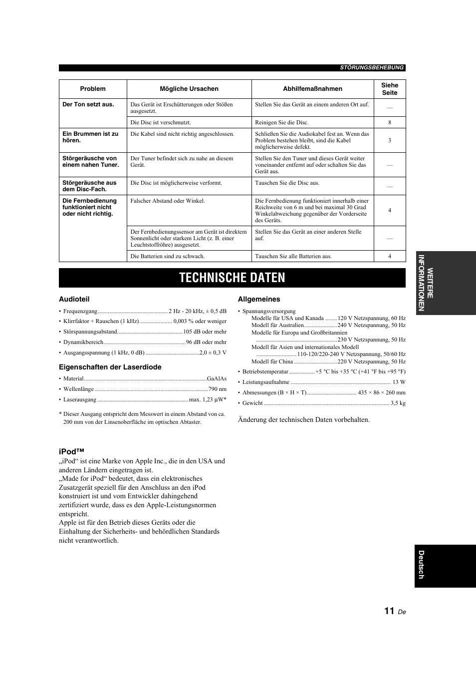 Technische daten | Yamaha CD-S300 User Manual | Page 39 / 108