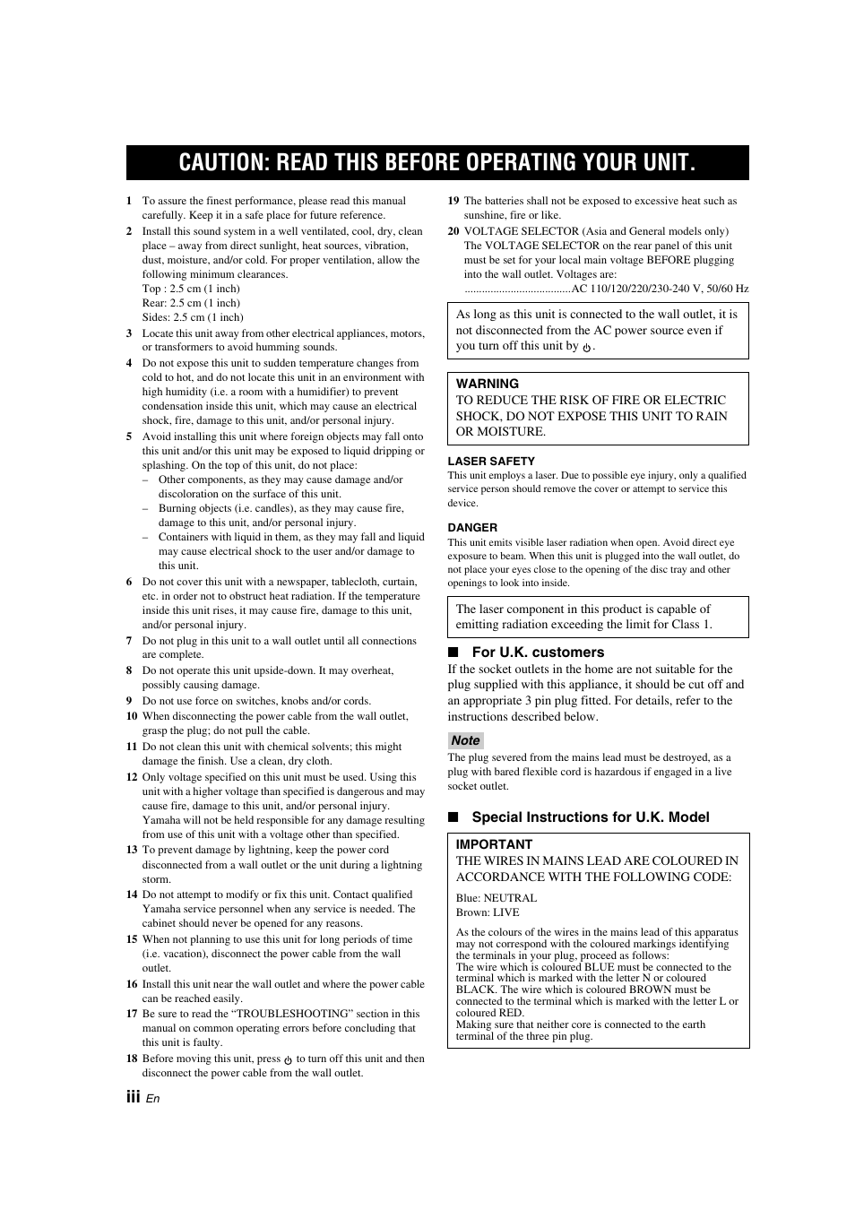 English, Caution: read this before operating your unit | Yamaha CD-S300 User Manual | Page 4 / 108