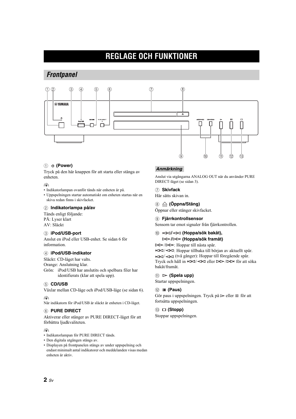 Introduktion, Reglage och funktioner, Frontpanel | Yamaha CD-S300 User Manual | Page 42 / 108