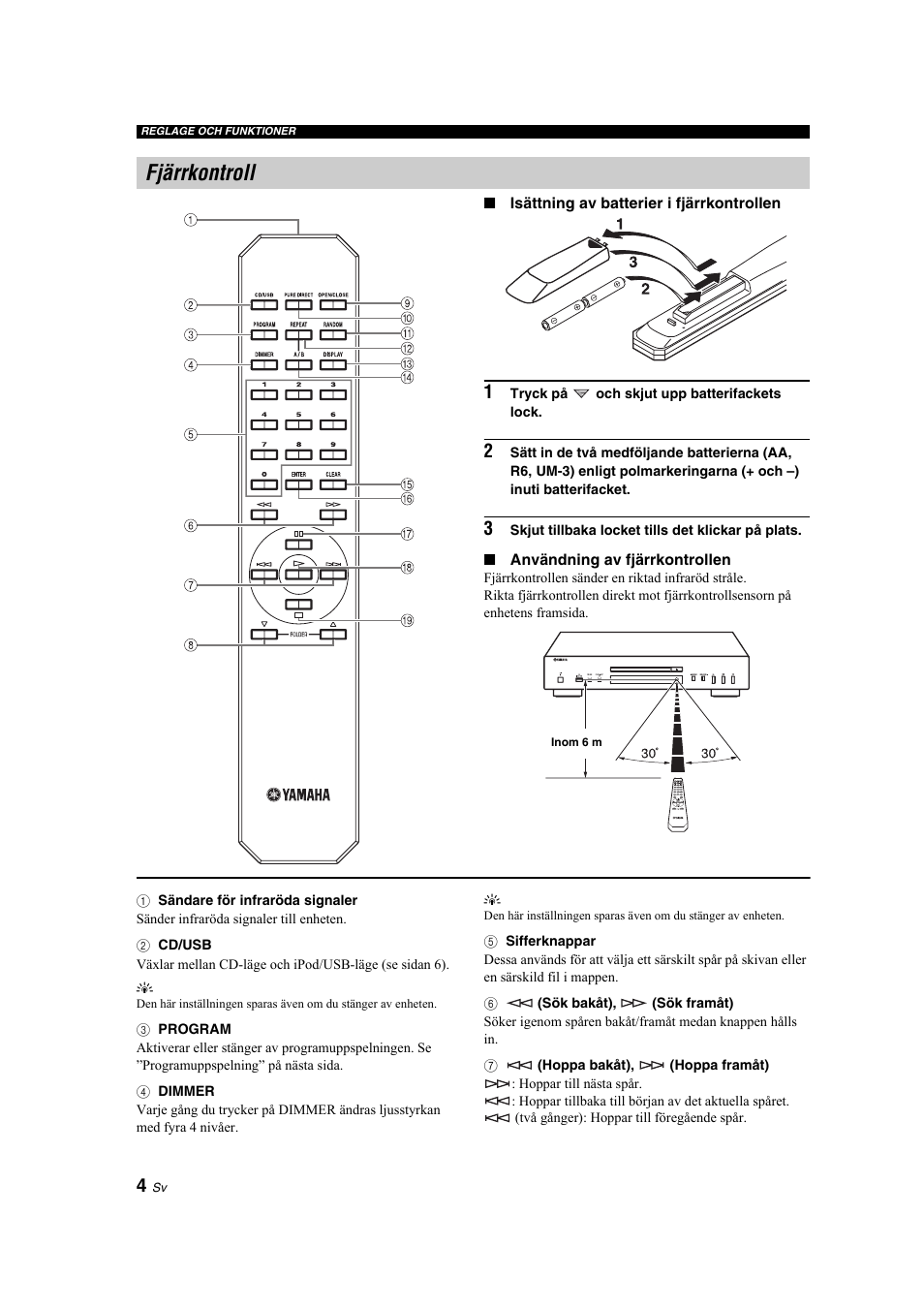 Fjärrkontroll | Yamaha CD-S300 User Manual | Page 44 / 108