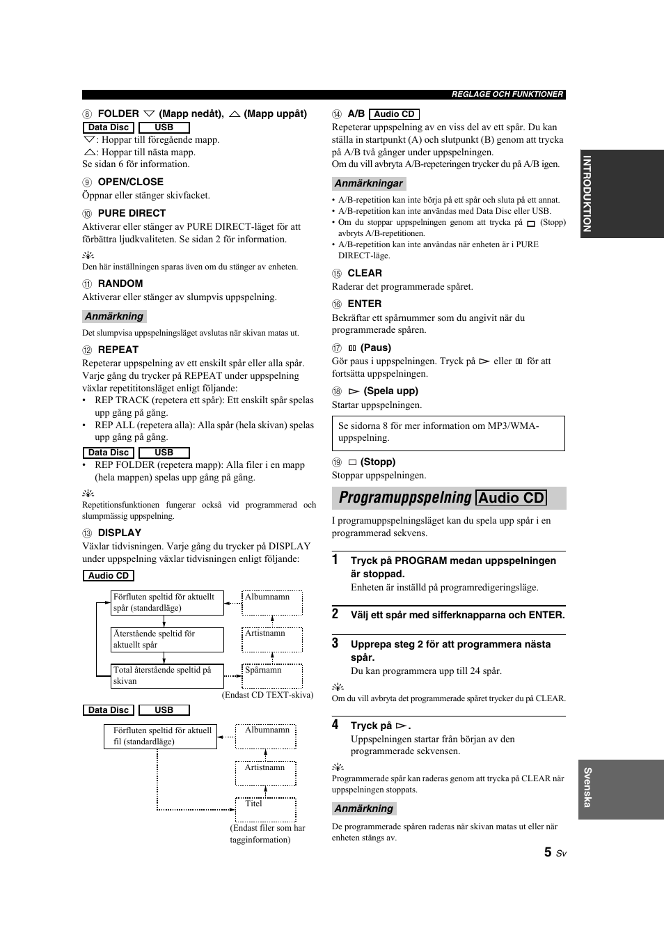 Programuppspelning audio cd, Programuppspelning, Audio cd | Yamaha CD-S300 User Manual | Page 45 / 108