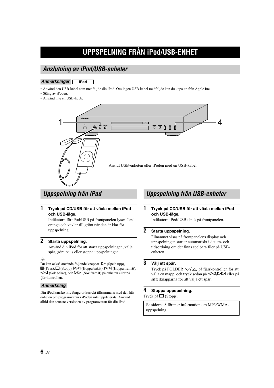 Användning, Uppspelning från ipod/usb-enhet, Anslutning av ipod/usb-enheter | Uppspelning från ipod, Uppspelning från usb-enheter | Yamaha CD-S300 User Manual | Page 46 / 108