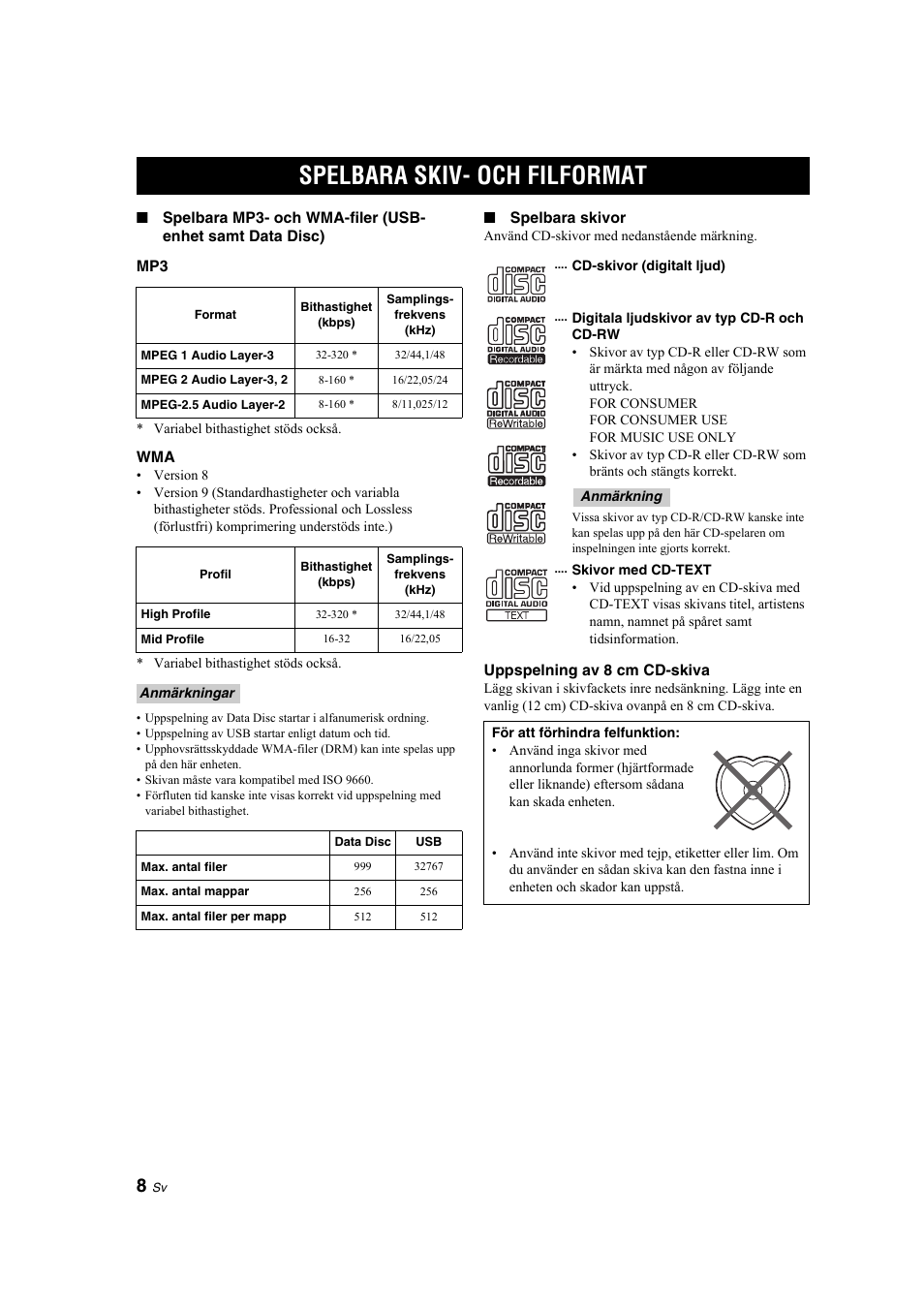 Ytterligare information, Spelbara skiv- och filformat, Information finns på sidan 8 | Yamaha CD-S300 User Manual | Page 48 / 108