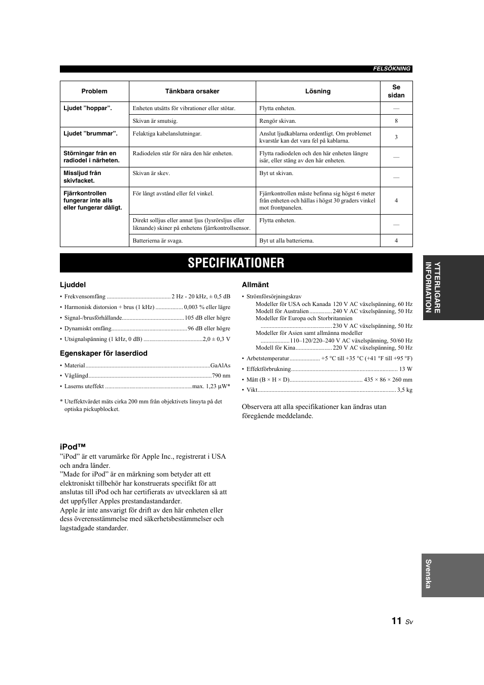 Specifikationer | Yamaha CD-S300 User Manual | Page 51 / 108