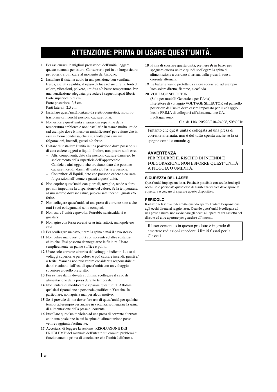 Italiano, Attenzione: prima di usare quest’unità | Yamaha CD-S300 User Manual | Page 52 / 108