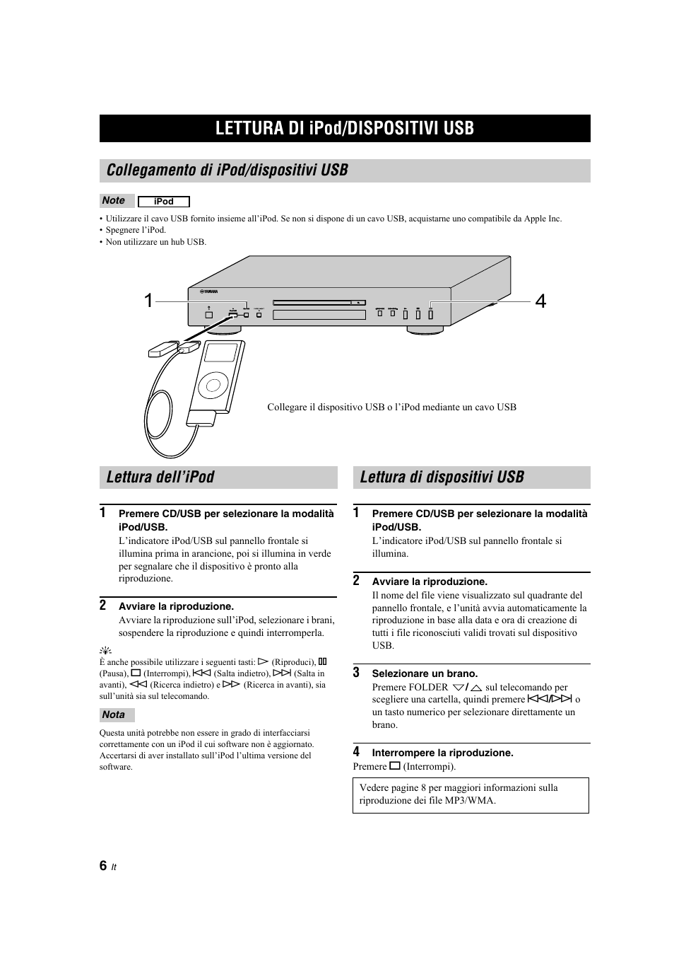 Funzionamento, Lettura di ipod/dispositivi usb, Collegamento di ipod/dispositivi usb | Lettura dell’ipod, Lettura di dispositivi usb | Yamaha CD-S300 User Manual | Page 58 / 108