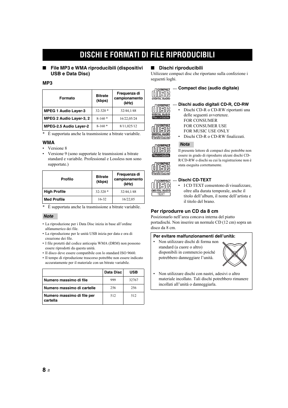 Informazioni supplementari, Dischi e formati di file riproducibili, Dischi e formati di file | Riproducibili | Yamaha CD-S300 User Manual | Page 60 / 108