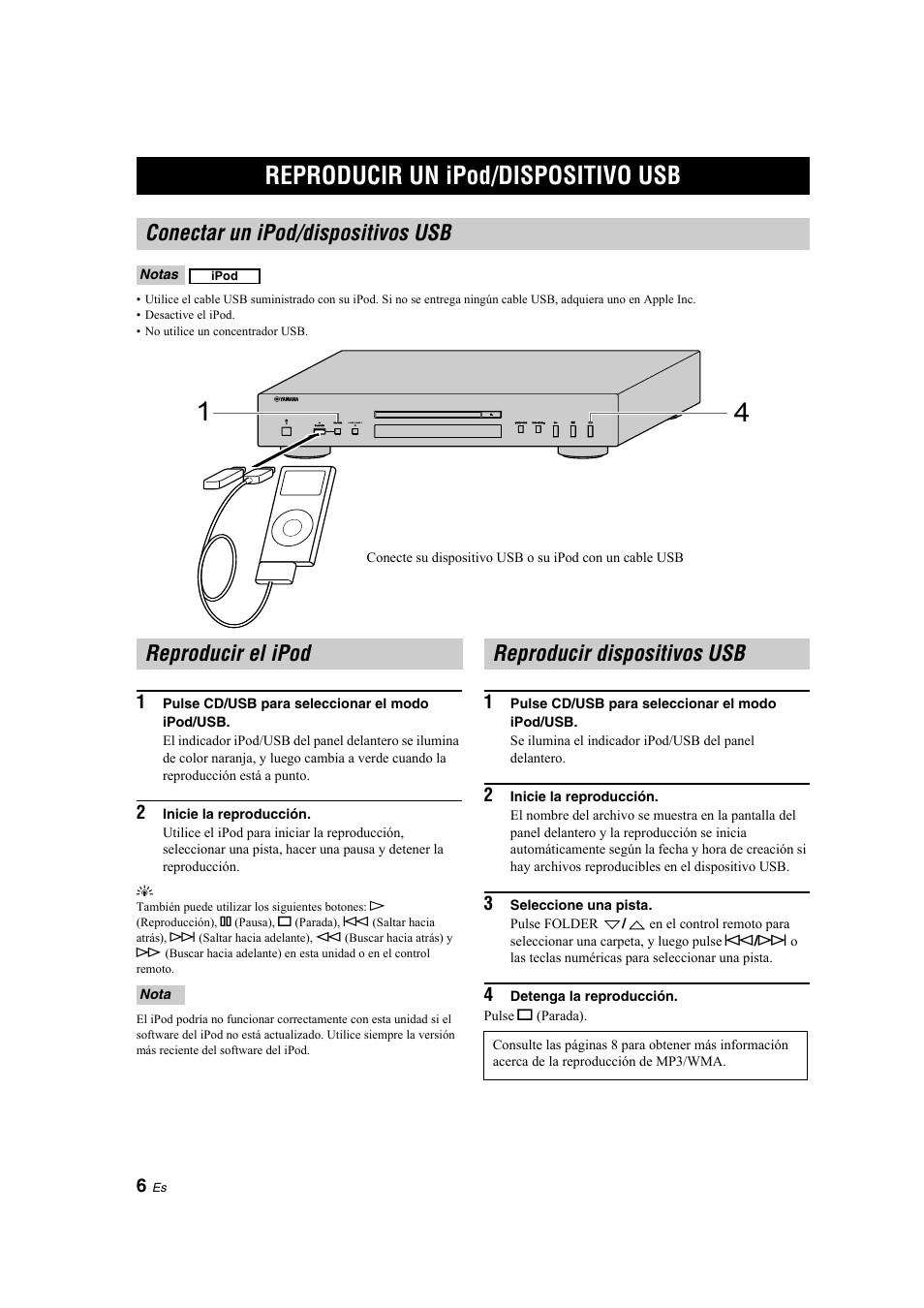 Funcionamiento, Reproducir un ipod/dispositivo usb, Conectar un ipod/dispositivos usb | Reproducir el ipod, Reproducir dispositivos usb | Yamaha CD-S300 User Manual | Page 70 / 108