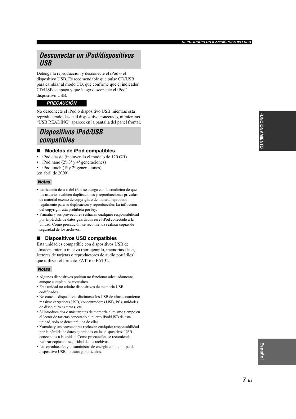 Desconectar un ipod/dispositivos usb, Dispositivos ipod/usb compatibles | Yamaha CD-S300 User Manual | Page 71 / 108