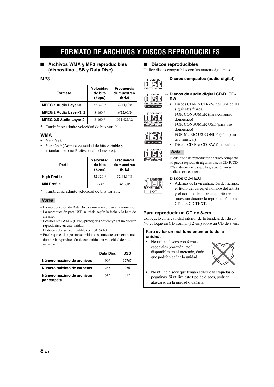 Información adicional, Formato de archivos y discos reproducibles, Formato de archivos y discos | Reproducibles | Yamaha CD-S300 User Manual | Page 72 / 108