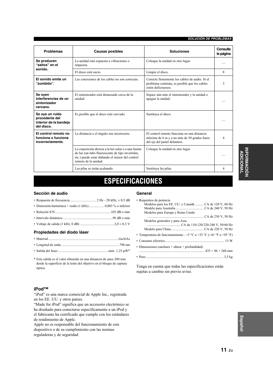 Especificaciones | Yamaha CD-S300 User Manual | Page 75 / 108