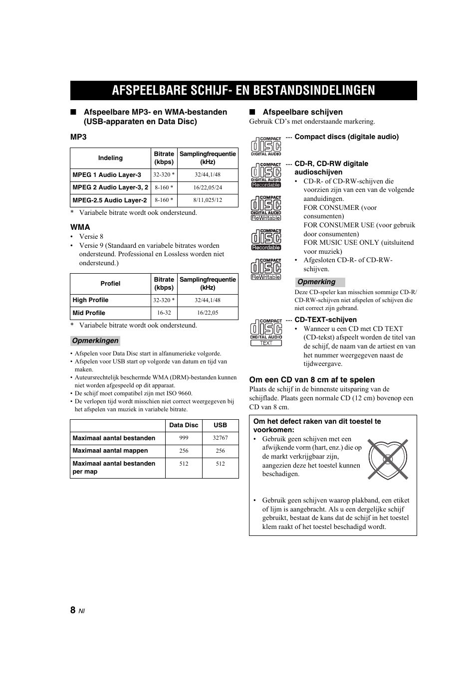 Extra informatie, Afspeelbare schijf- en bestandsindelingen, Afspeelbare schijf- en | Bestandsindelingen | Yamaha CD-S300 User Manual | Page 84 / 108