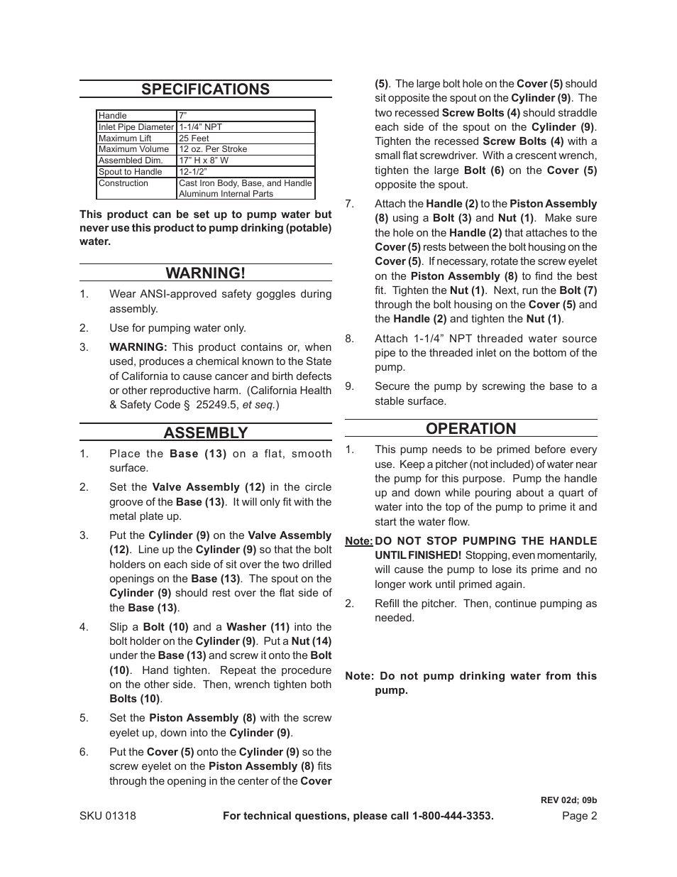 Specifications, Warning, Assembly | Operation | Harbor Freight Tools One Step Gardens Hand Operated Water Pump 1318 User Manual | Page 2 / 4