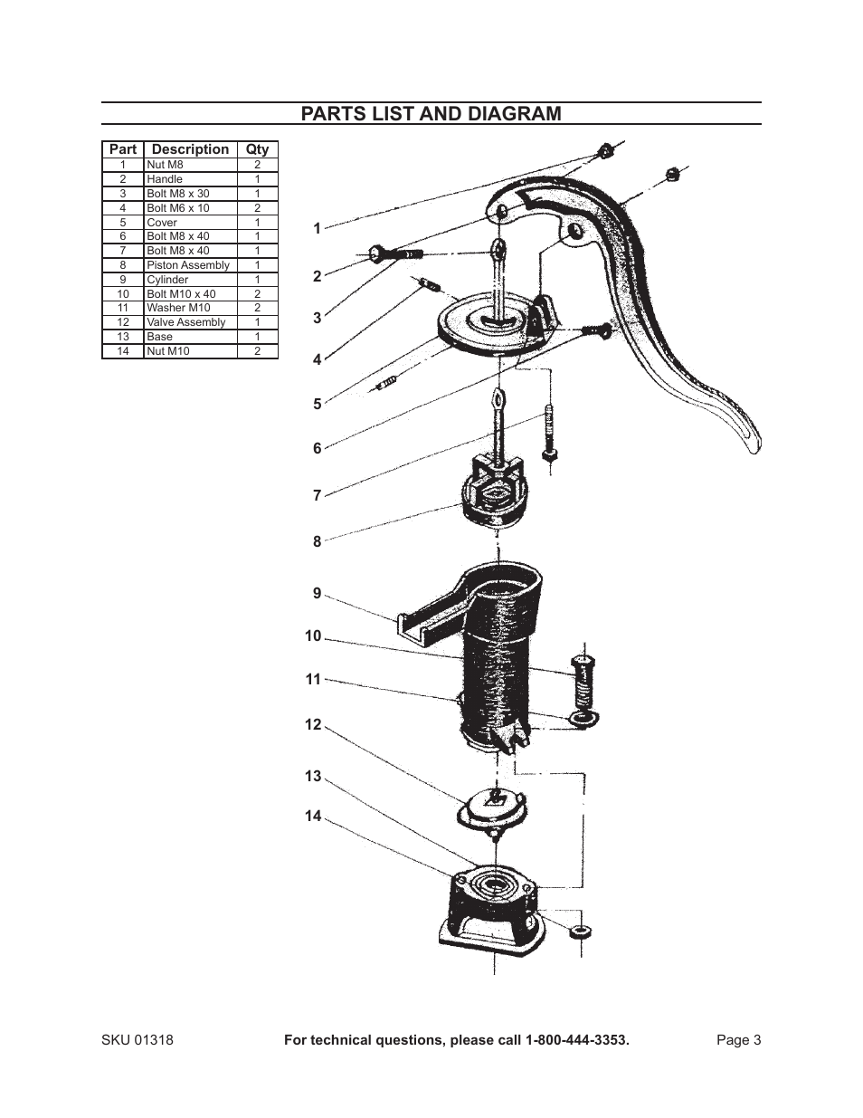 Parts list and diagram | Harbor Freight Tools One Step Gardens Hand Operated Water Pump 1318 User Manual | Page 3 / 4