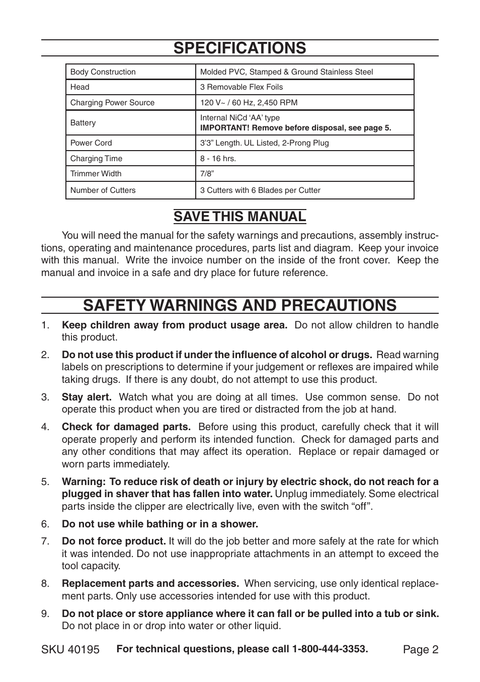 Specifications, Safety warnings and precautions, Save this manual | Harbor Freight Tools 40195 User Manual | Page 2 / 6