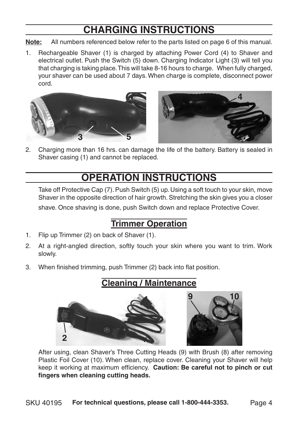 Charging instructions, Operation instructions, Trimmer operation | Cleaning / maintenance 2 9 10 | Harbor Freight Tools 40195 User Manual | Page 4 / 6