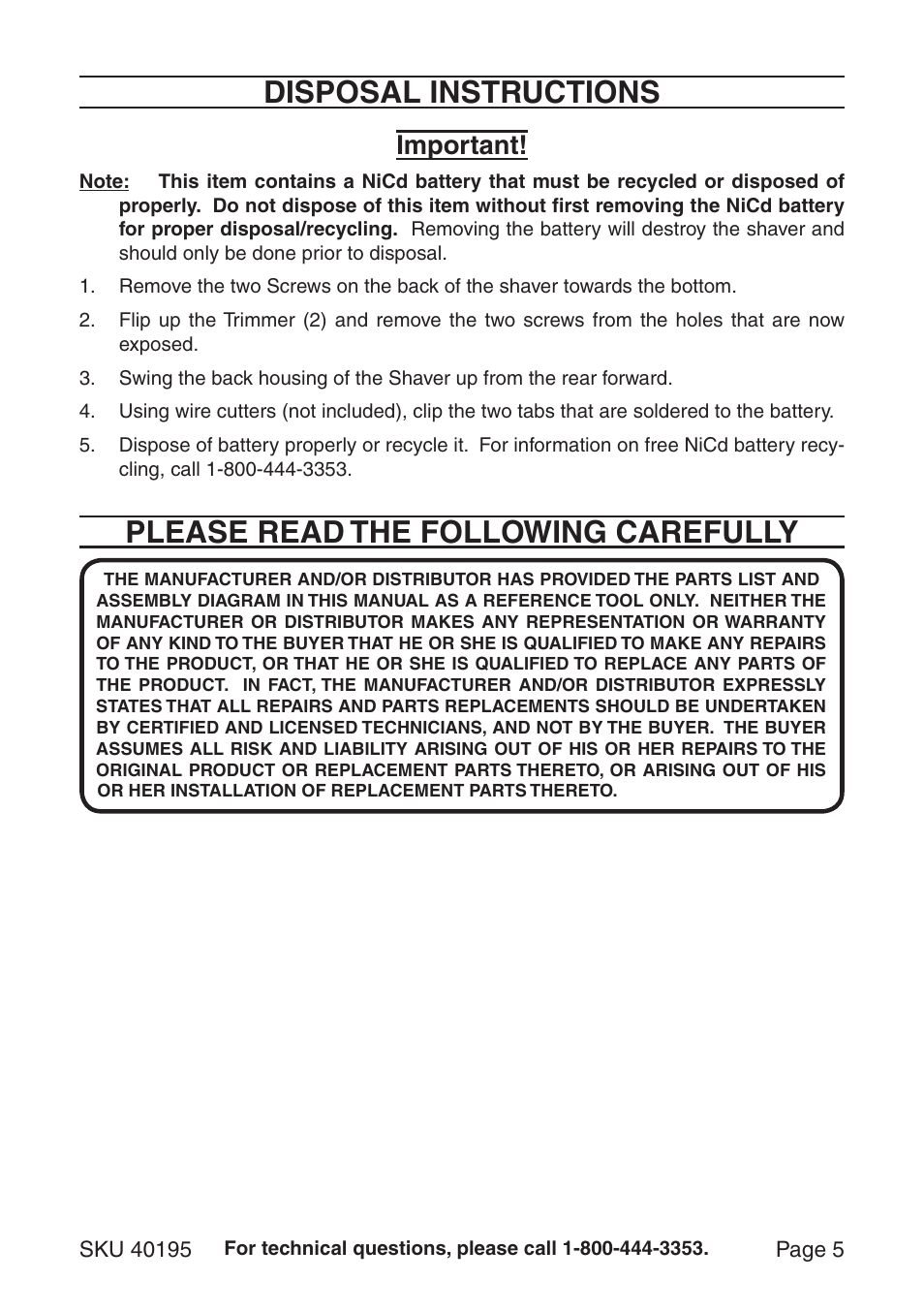 Disposal instructions, Please read the following carefully, Important | Harbor Freight Tools 40195 User Manual | Page 5 / 6