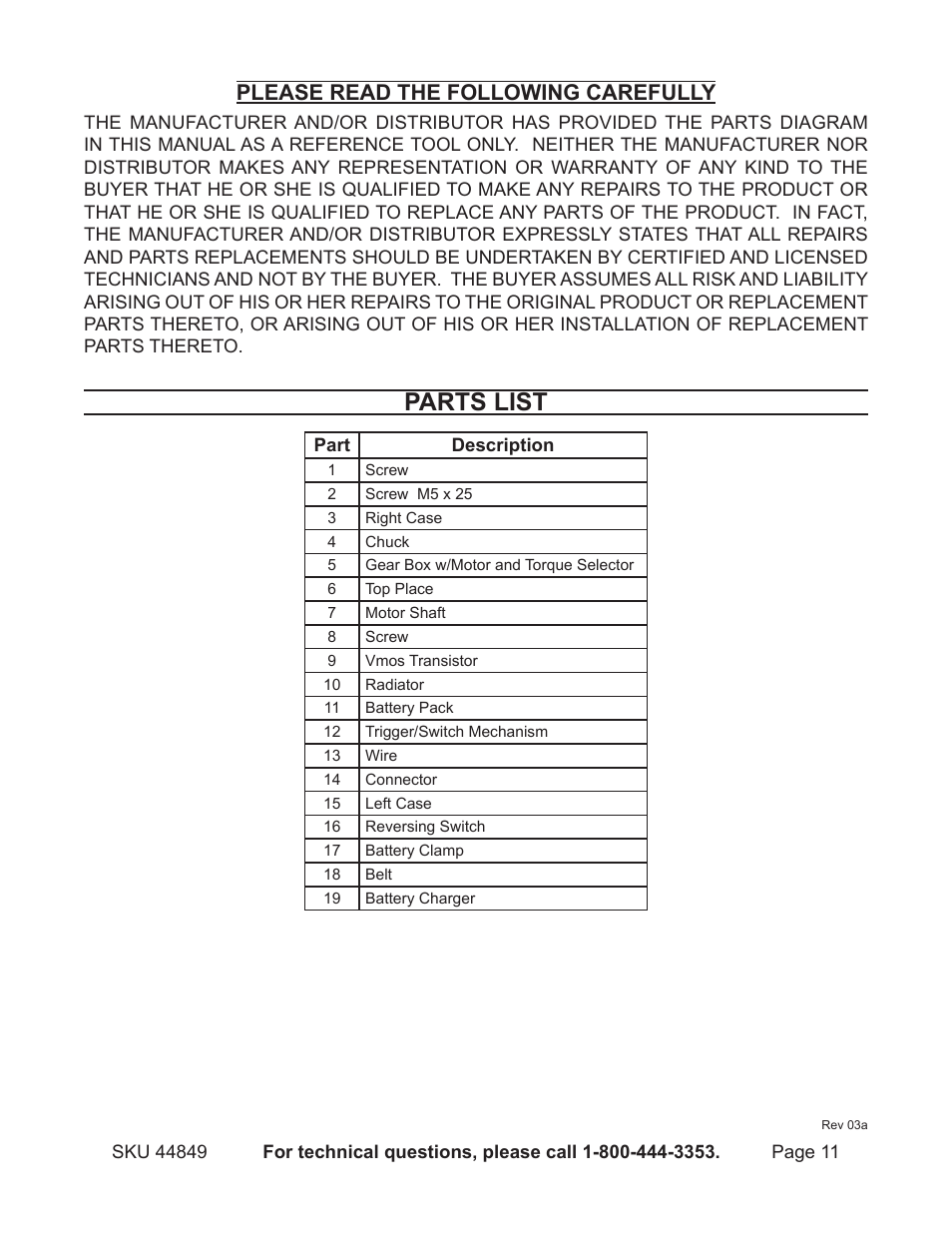 Parts list, Please read the following carefully | Harbor Freight Tools Chicago 44849 User Manual | Page 11 / 14