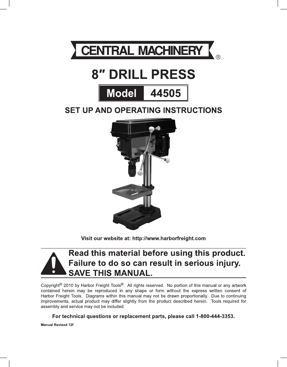 Harbor Freight Tools CENTRAL MACHINERY 44505 User Manual | 20 pages