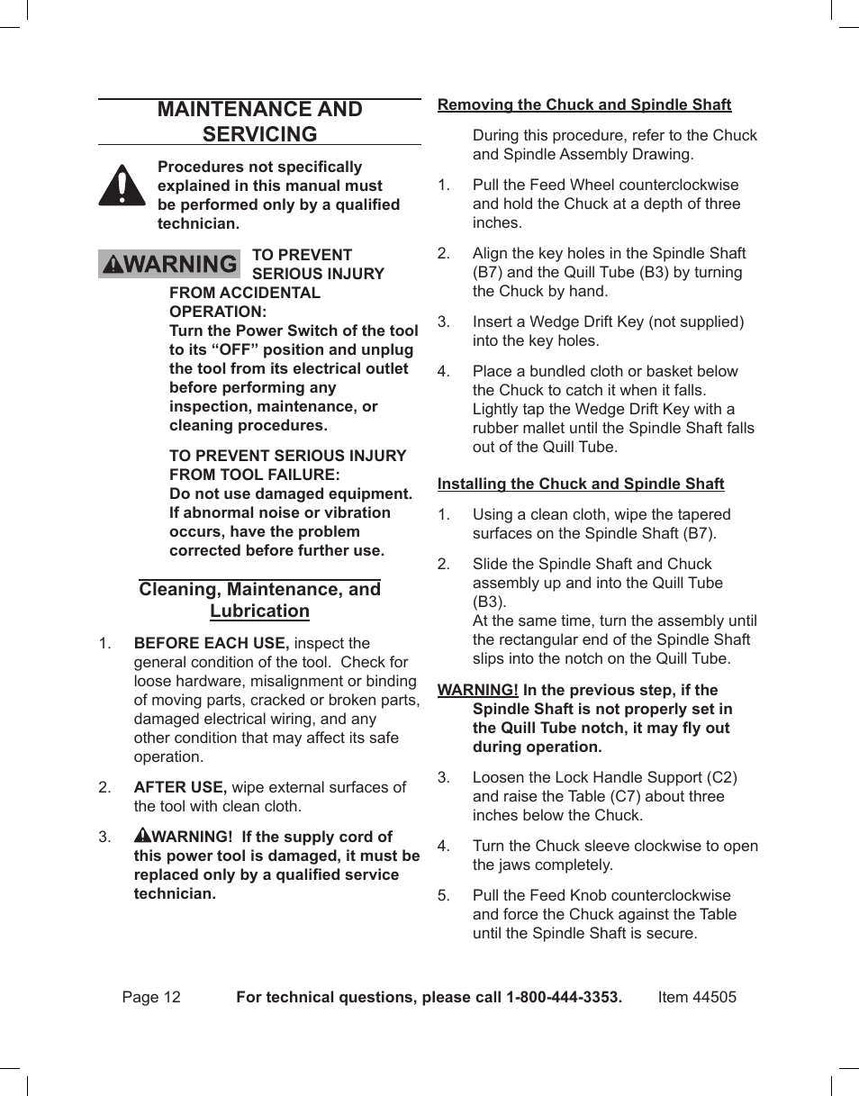 Maintenance and servicing | Harbor Freight Tools CENTRAL MACHINERY 44505 User Manual | Page 12 / 20