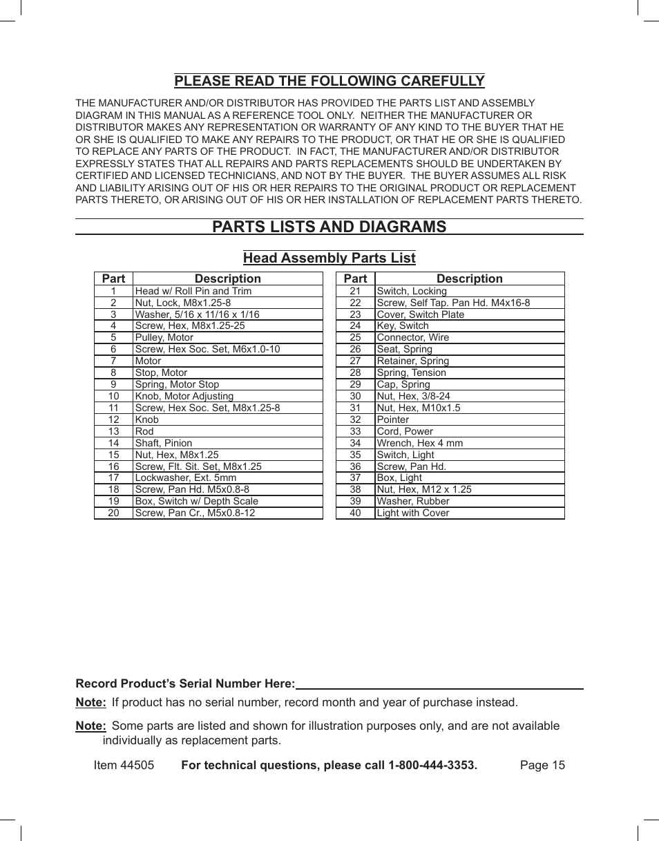 Parts lists and diagrams, Please read the following carefully, Head assembly parts list | Harbor Freight Tools CENTRAL MACHINERY 44505 User Manual | Page 15 / 20