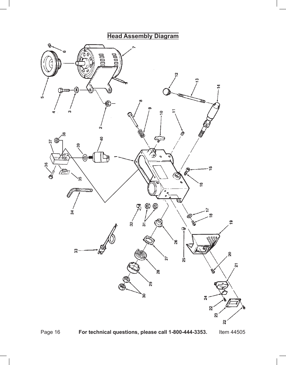 Head assembly diagram | Harbor Freight Tools CENTRAL MACHINERY 44505 User Manual | Page 16 / 20