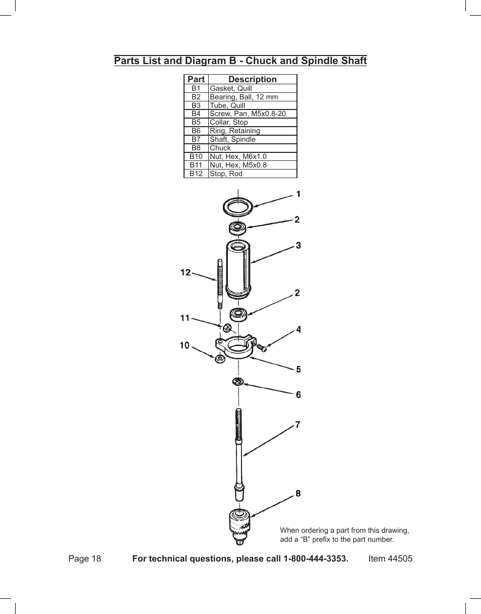 Parts list and diagram b - chuck and spindle shaft | Harbor Freight Tools CENTRAL MACHINERY 44505 User Manual | Page 18 / 20