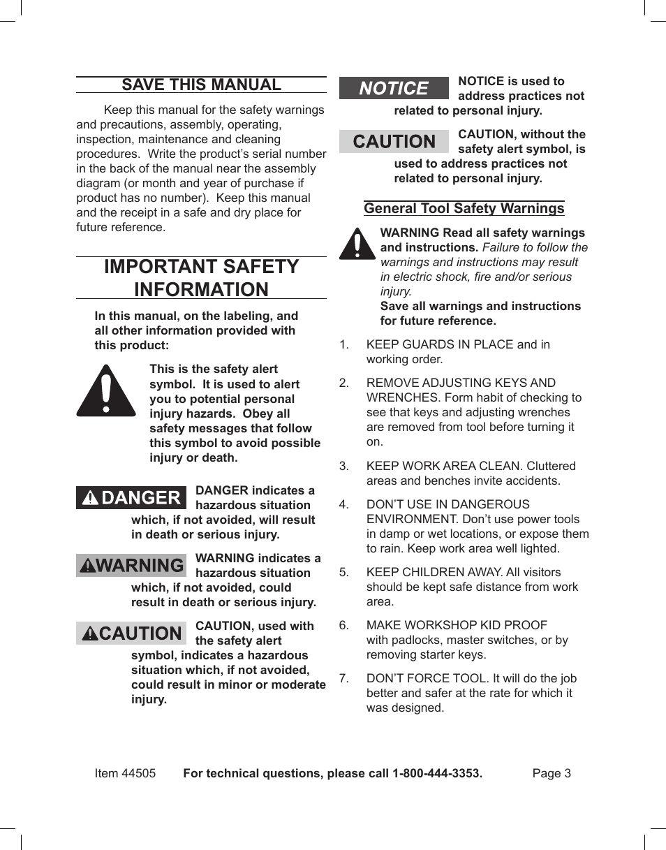 Important safety information, Save this manual | Harbor Freight Tools CENTRAL MACHINERY 44505 User Manual | Page 3 / 20