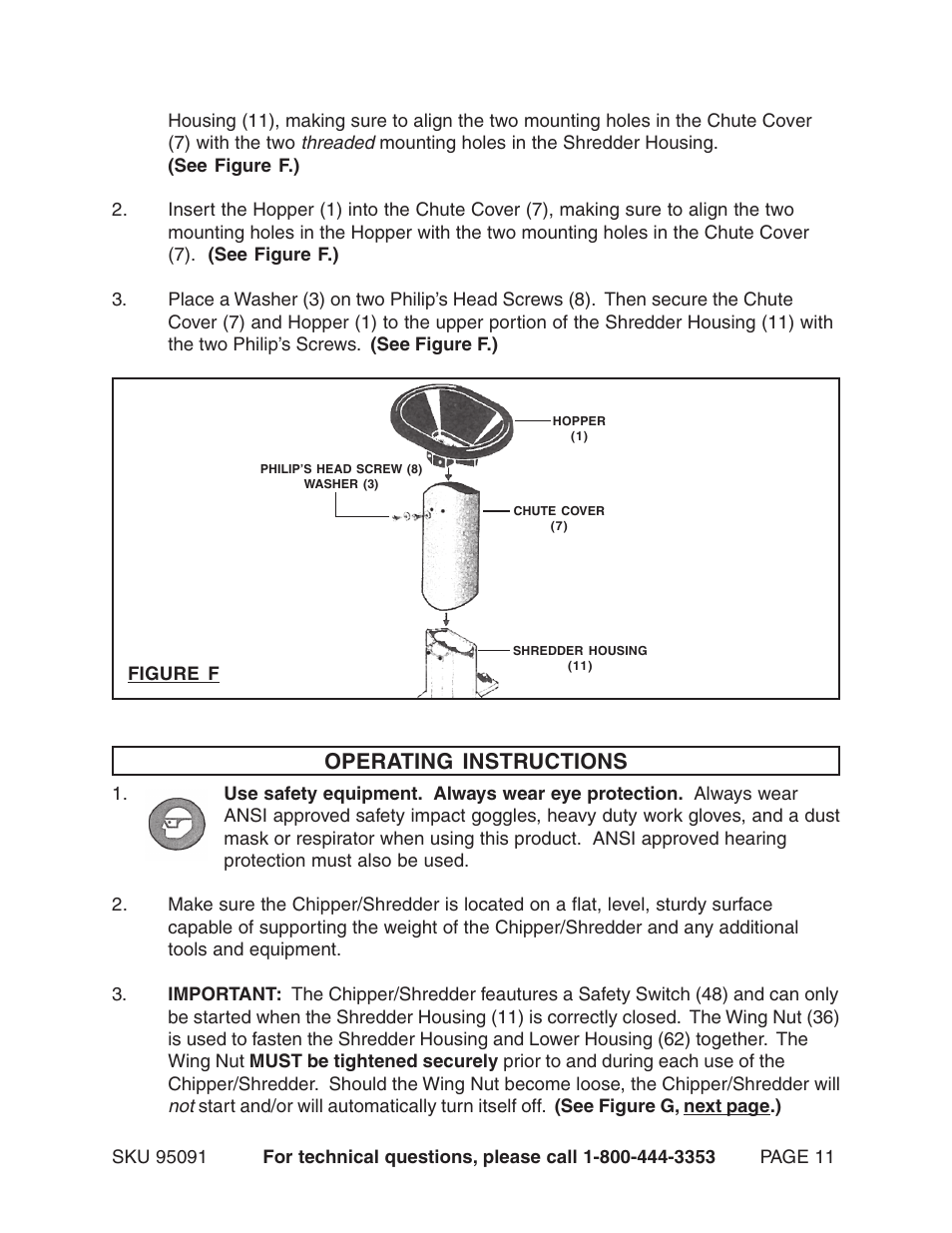 Operating instructions | Harbor Freight Tools 95091 User Manual | Page 11 / 18