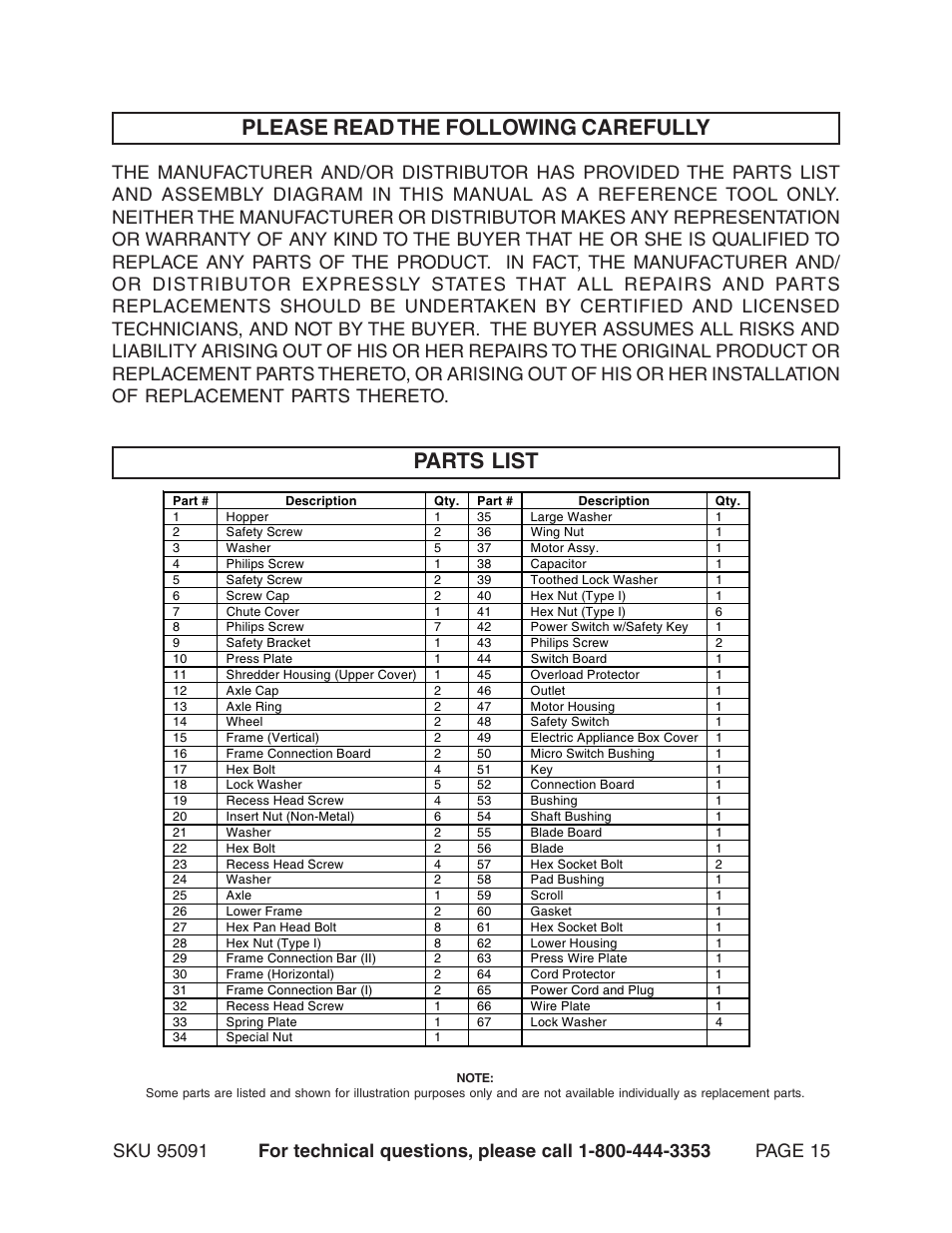 Parts list, Please read the following carefully | Harbor Freight Tools 95091 User Manual | Page 15 / 18