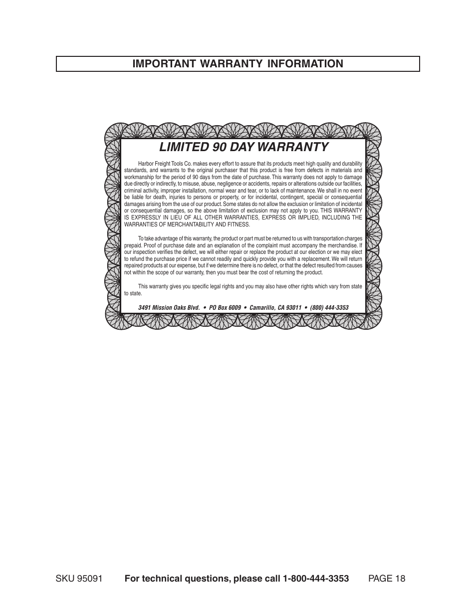 Limited 90 day warranty, Important warranty information | Harbor Freight Tools 95091 User Manual | Page 18 / 18