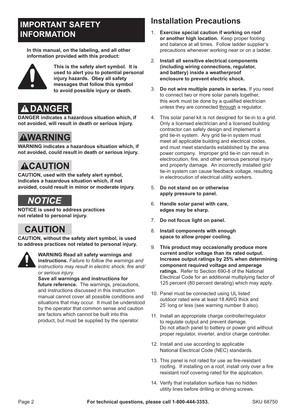 Important safety information, Installation precautions | Harbor Freight Tools Briefcase Solar Charger 68750 User Manual | Page 2 / 8