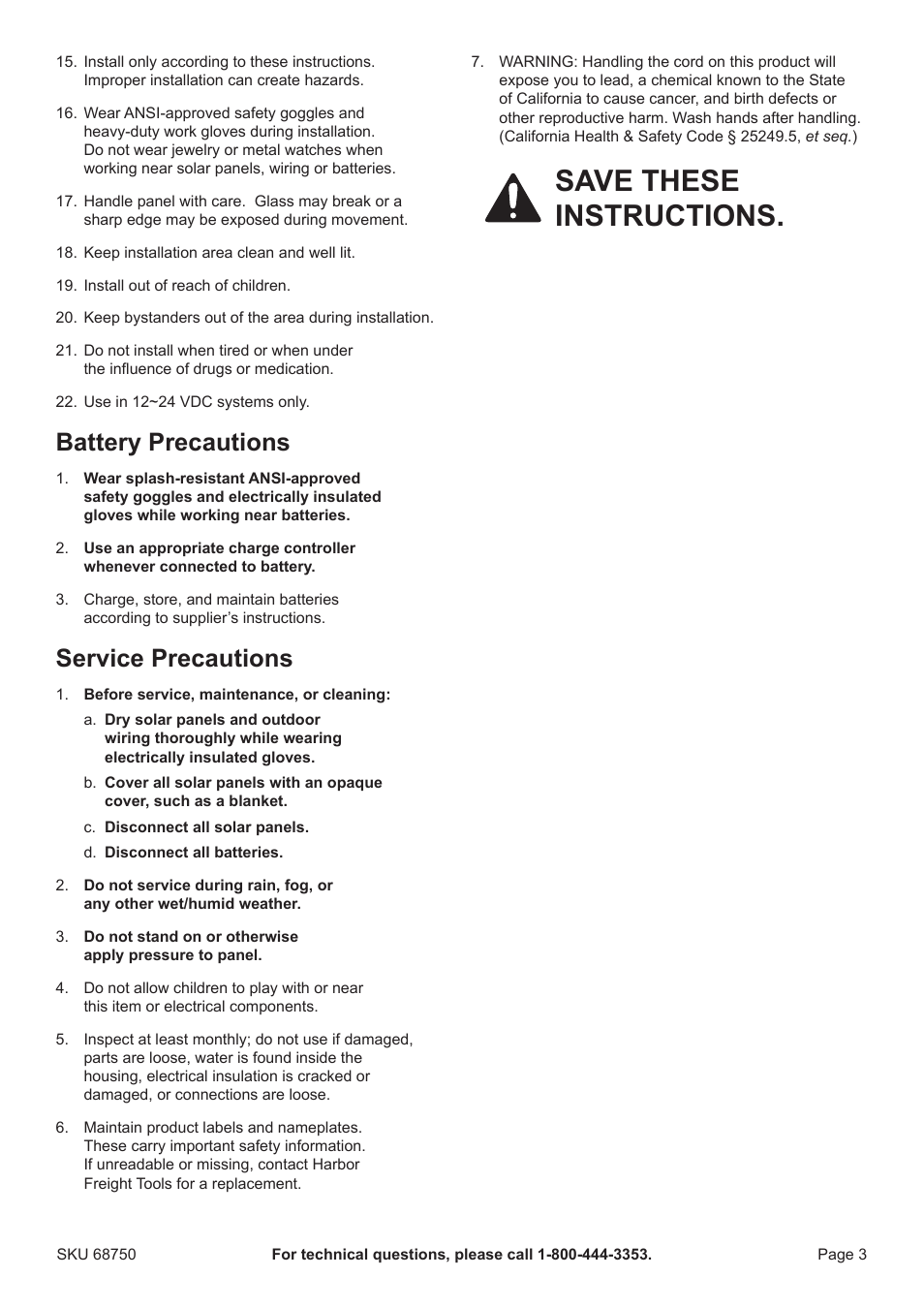 Save these instructions, Battery precautions, Service precautions | Harbor Freight Tools Briefcase Solar Charger 68750 User Manual | Page 3 / 8