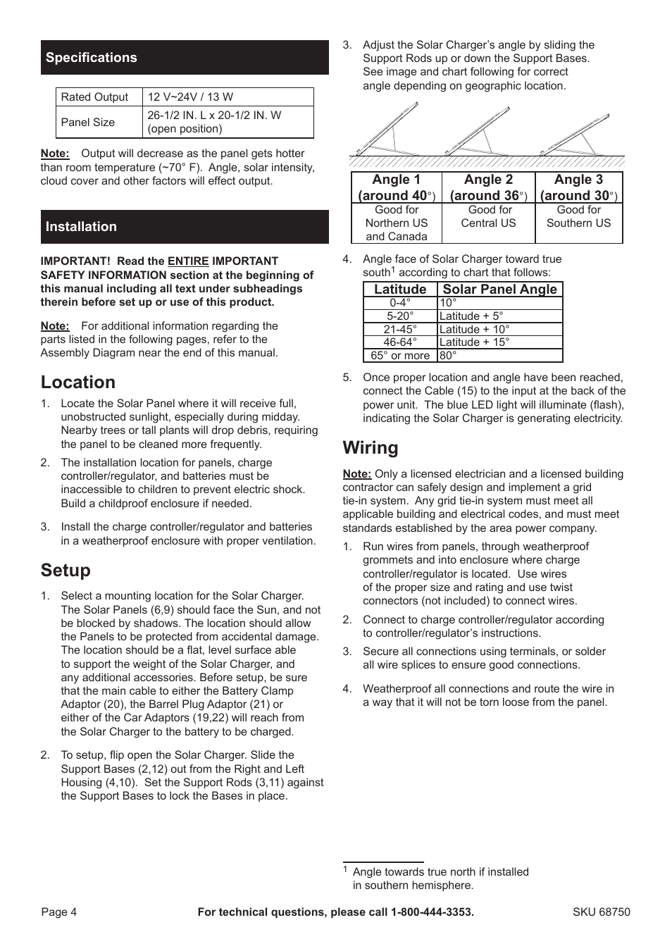 Location, Setup, Wiring | Harbor Freight Tools Briefcase Solar Charger 68750 User Manual | Page 4 / 8