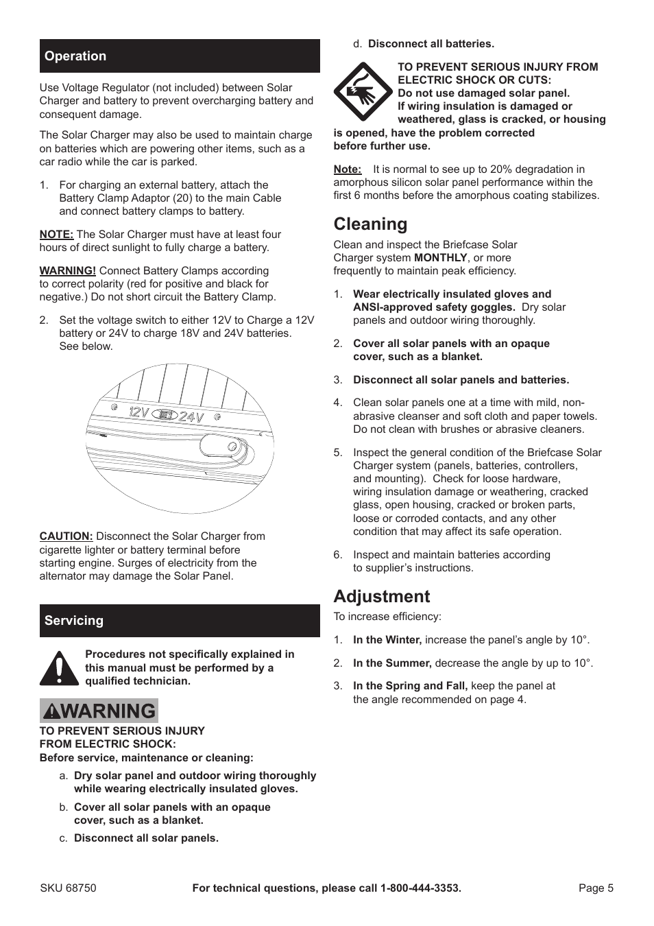 Cleaning, Adjustment | Harbor Freight Tools Briefcase Solar Charger 68750 User Manual | Page 5 / 8