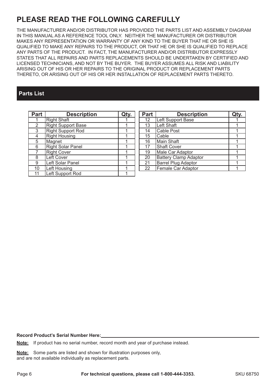 Please read the following carefully | Harbor Freight Tools Briefcase Solar Charger 68750 User Manual | Page 6 / 8