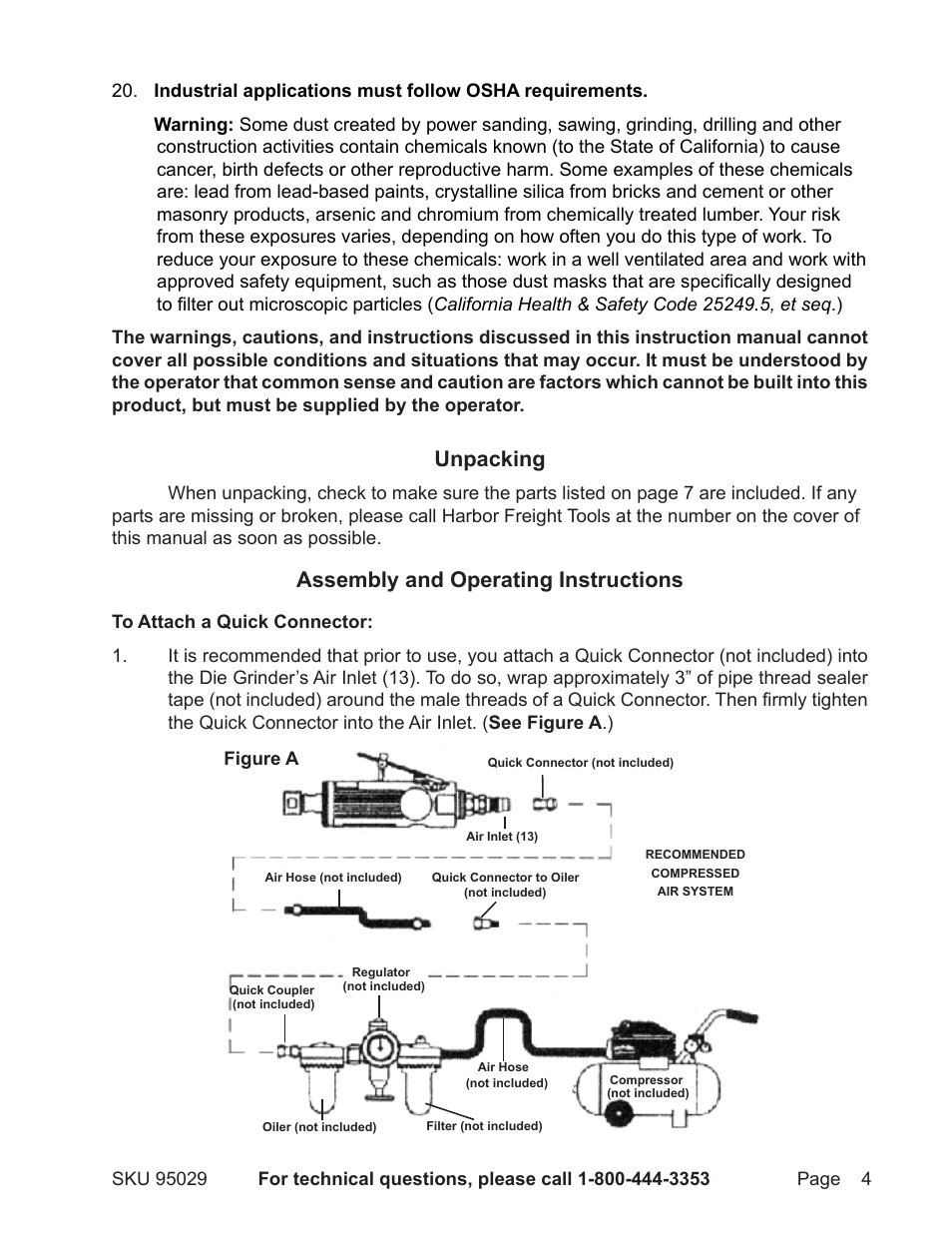 Unpacking, Assembly and operating instructions | Harbor Freight Tools 95029 User Manual | Page 4 / 8