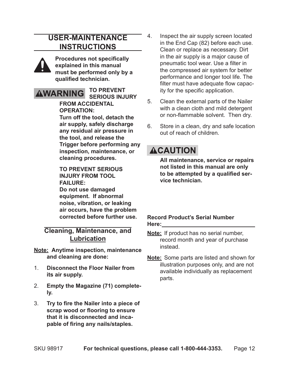 User-maintenance instructions | Harbor Freight Tools 98917 User Manual | Page 12 / 16