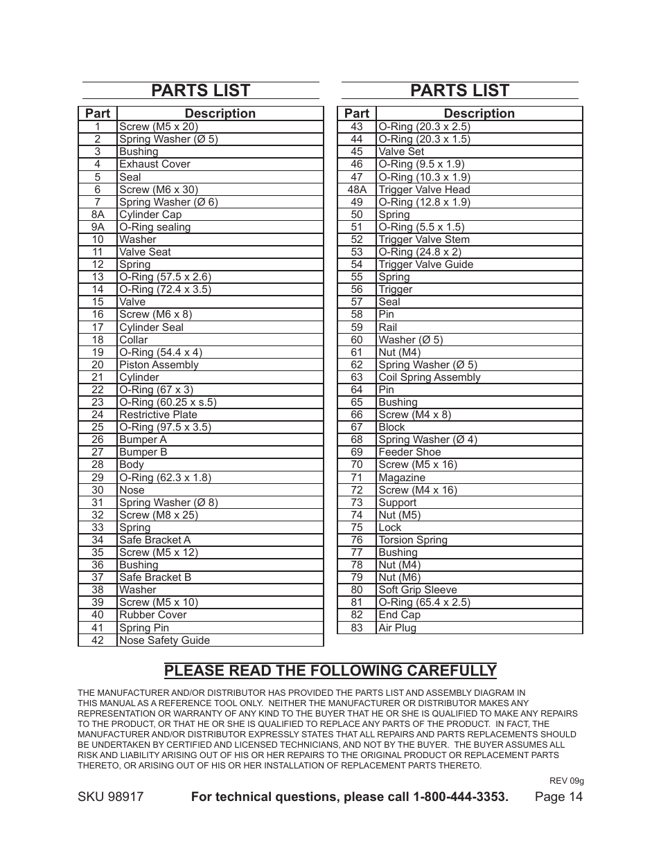 Parts list, Please read the following carefully | Harbor Freight Tools 98917 User Manual | Page 14 / 16