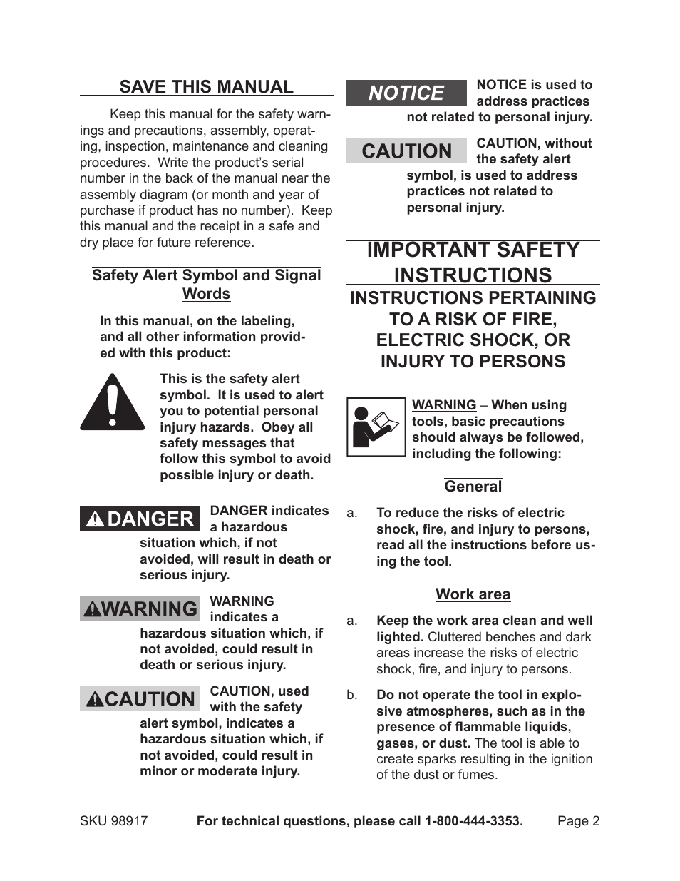 Important safety instructions, Save this manual | Harbor Freight Tools 98917 User Manual | Page 2 / 16