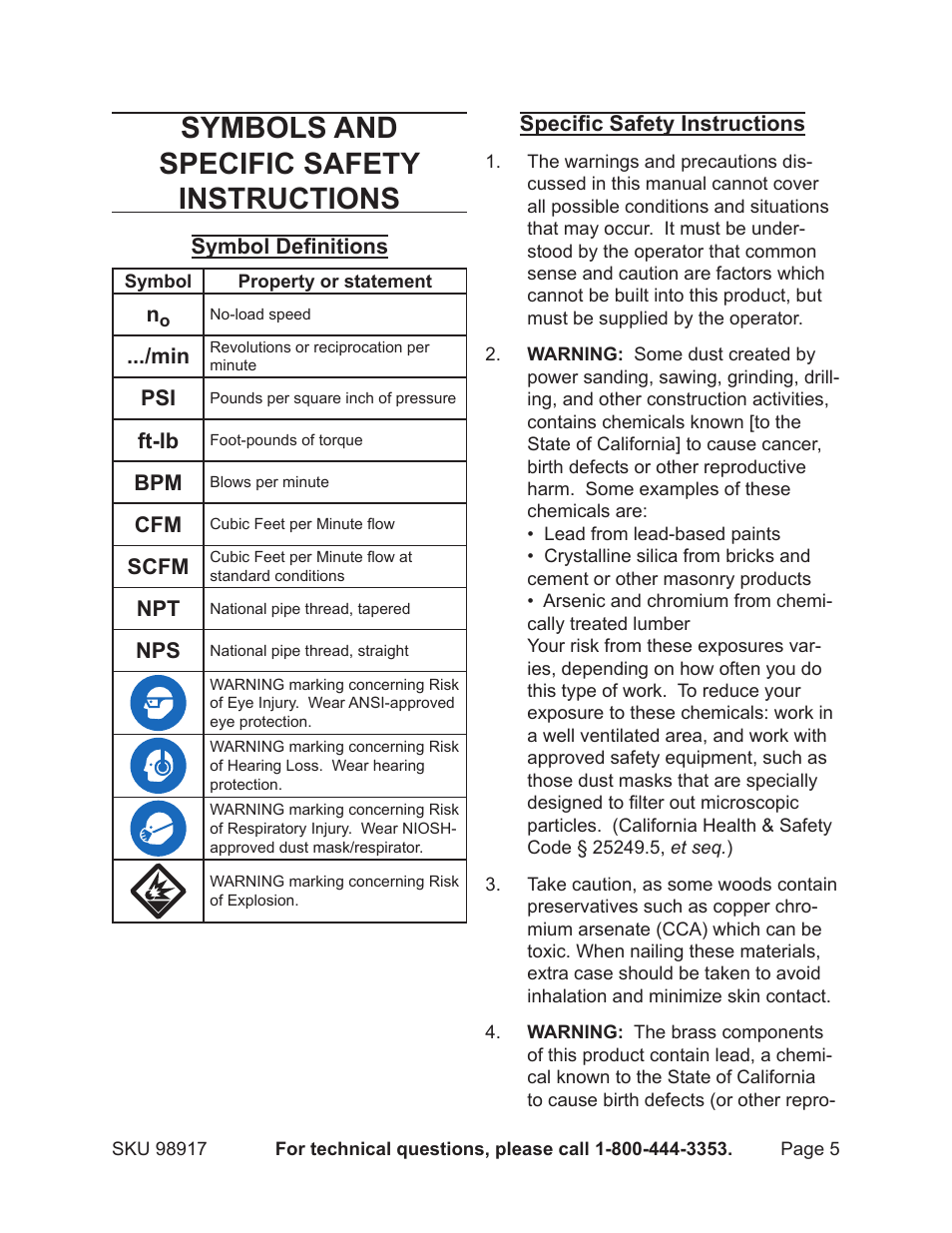 Symbols and specific safety instructions | Harbor Freight Tools 98917 User Manual | Page 5 / 16