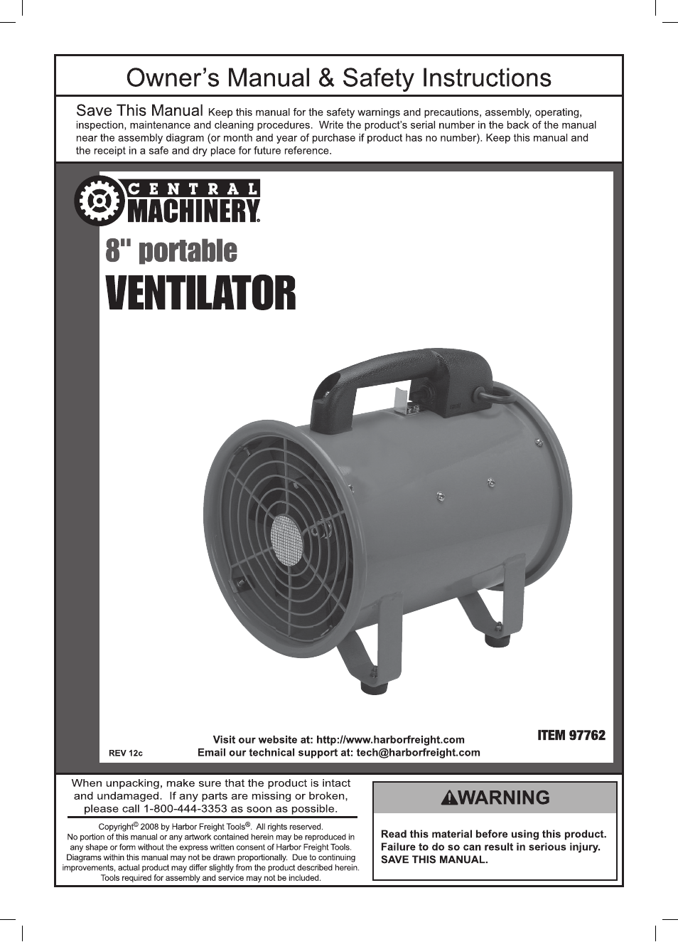 Harbor Freight Tools 8" Portable Ventilator 97762 User Manual | 8 pages