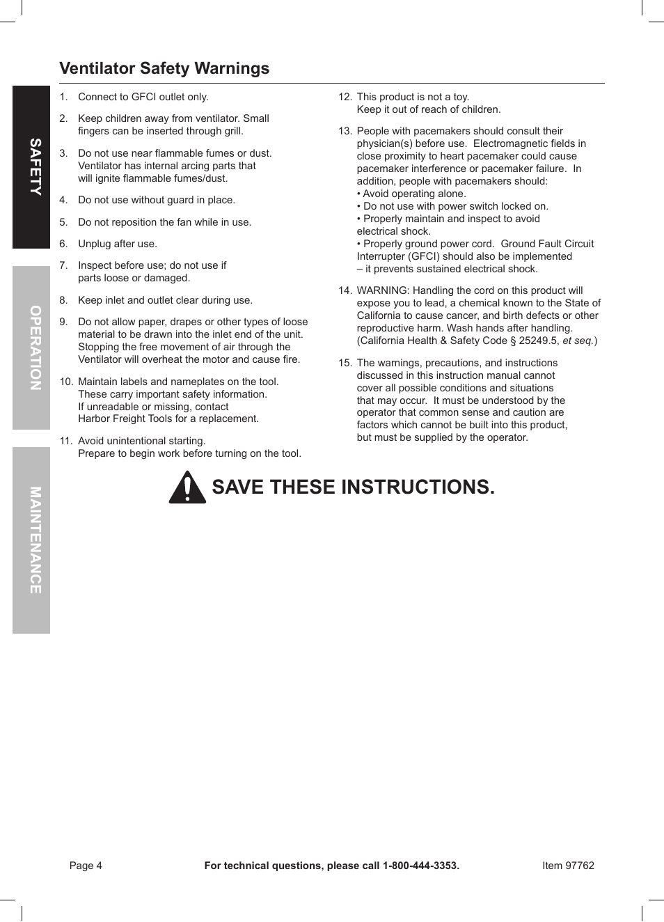 Save these instructions, Ventilator safety warnings, Safety maintenance opera tion | Harbor Freight Tools 8" Portable Ventilator 97762 User Manual | Page 4 / 8