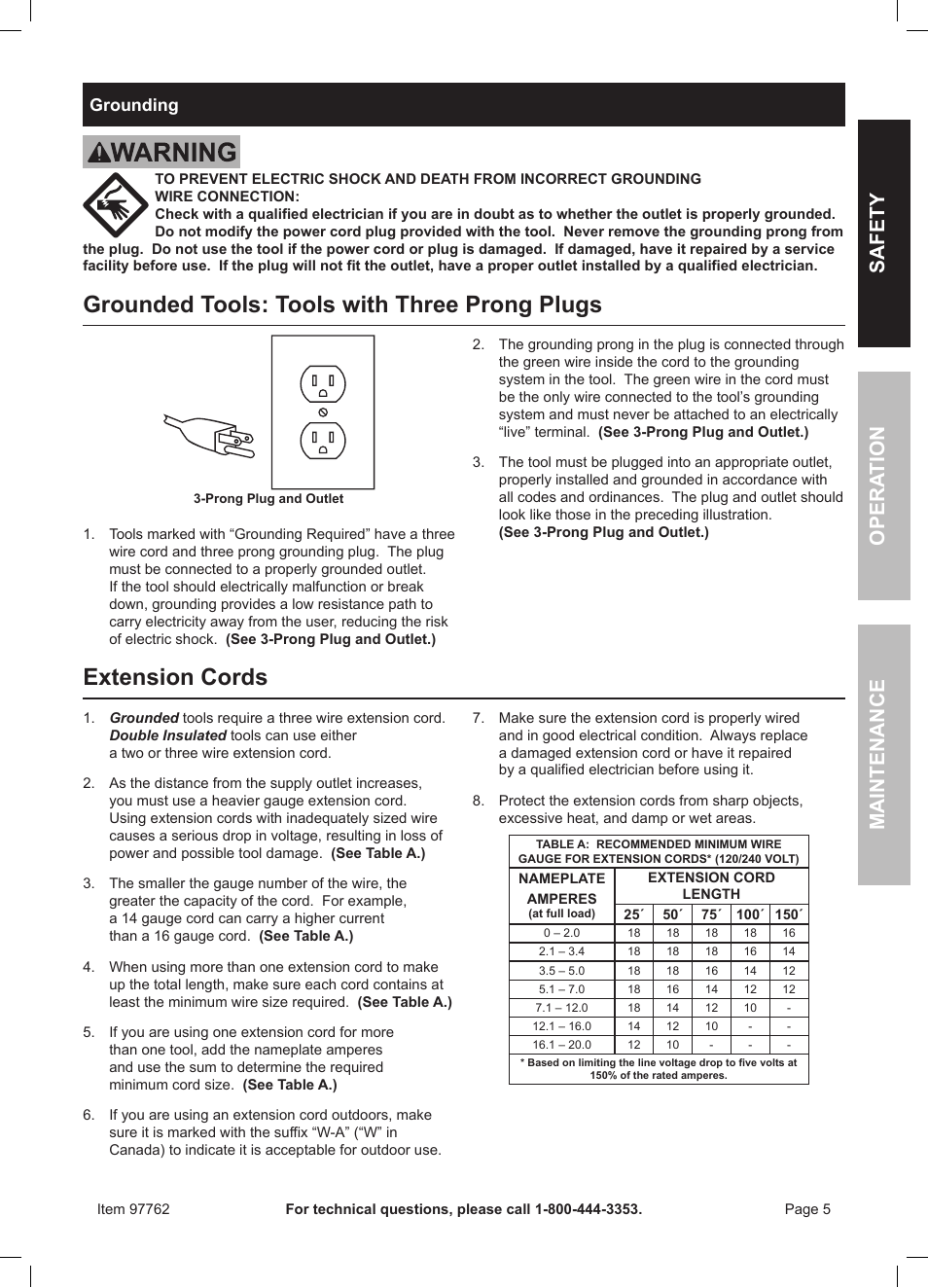 Grounded tools: tools with three prong plugs, Extension cords, Safety maintenance opera tion | Harbor Freight Tools 8" Portable Ventilator 97762 User Manual | Page 5 / 8