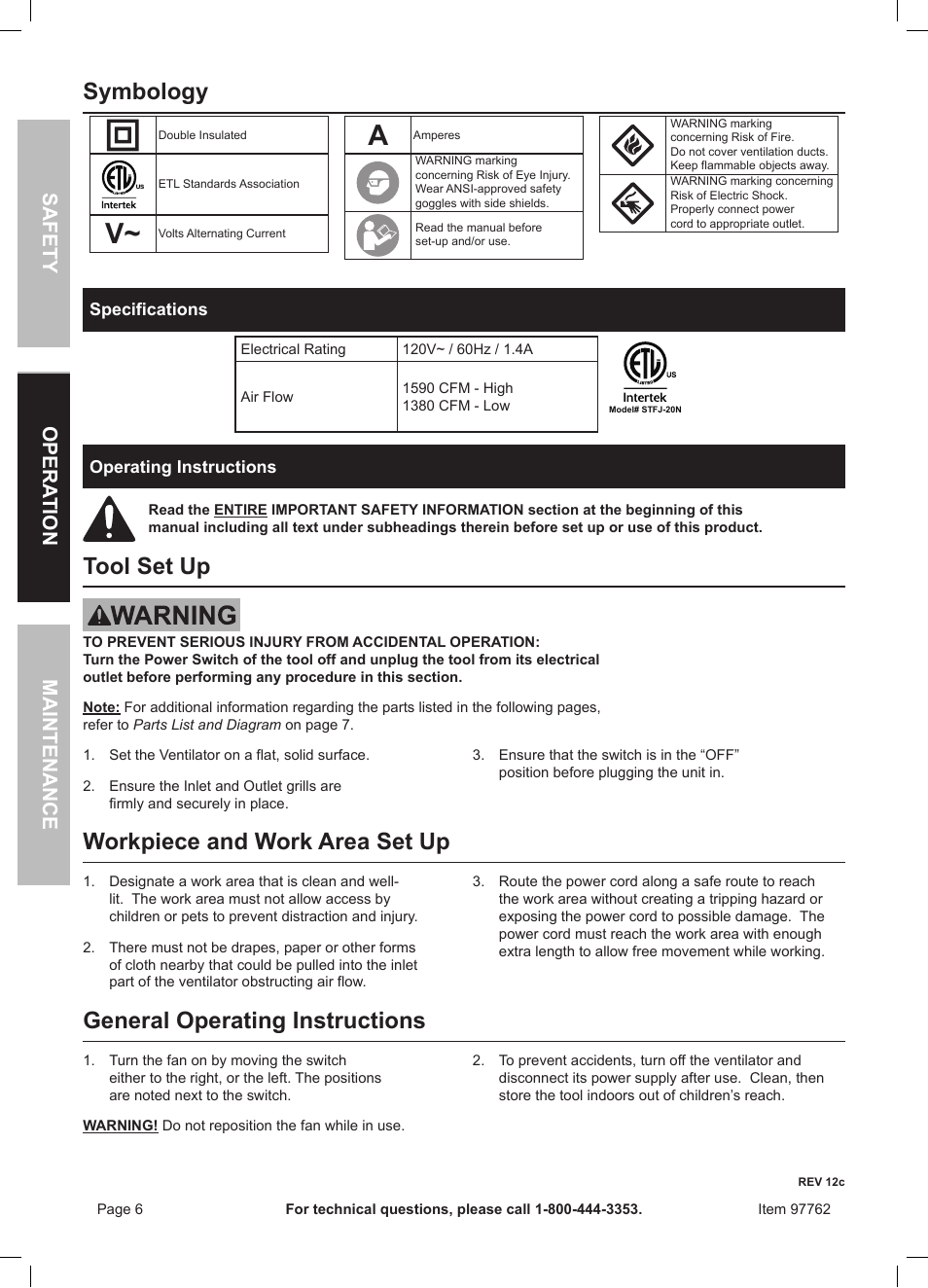 Symbology, Tool set up, Workpiece and work area set up | General operating instructions, Safety maintenance opera tion | Harbor Freight Tools 8" Portable Ventilator 97762 User Manual | Page 6 / 8