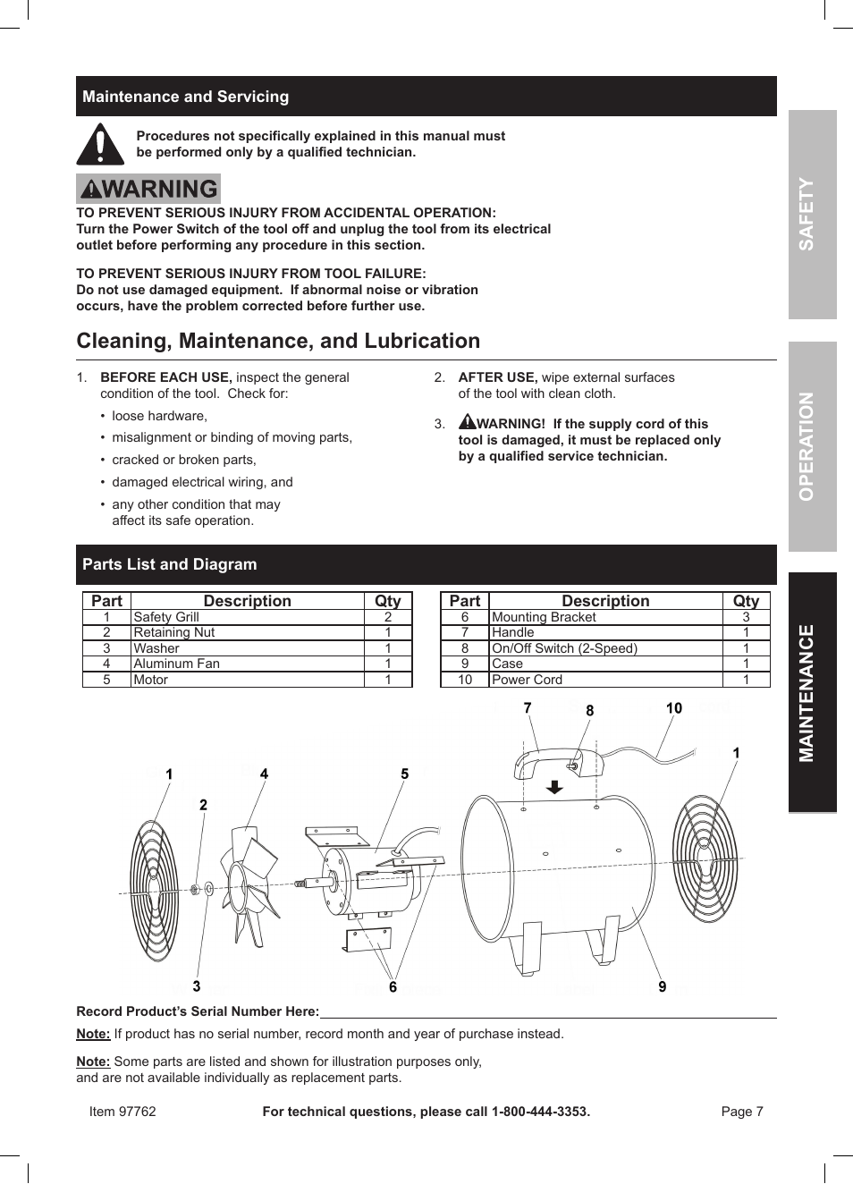 Cleaning, maintenance, and lubrication, Safety maintenance opera tion | Harbor Freight Tools 8" Portable Ventilator 97762 User Manual | Page 7 / 8