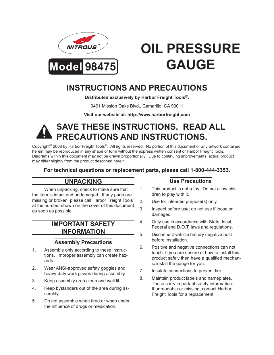 Harbor Freight Tools NITROUS 98475 User Manual | 2 pages